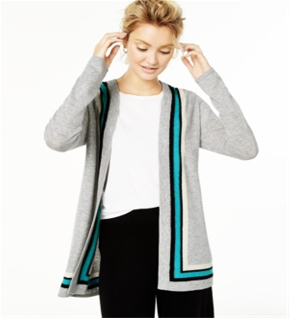 Charter Club Women's  Cashmere Border Duster Cardigan  Ice Grey Heather Combo Silver Size S
