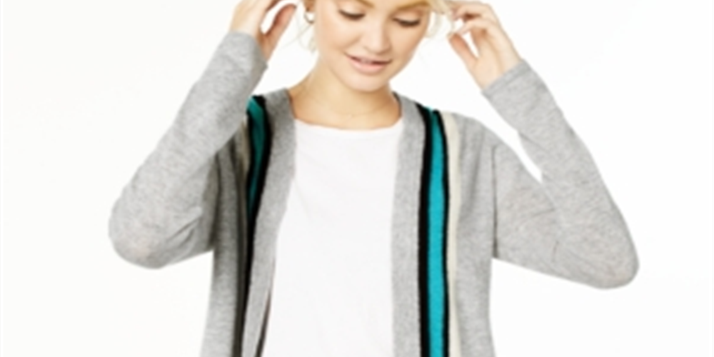 Charter Club Women's  Cashmere Border Duster Cardigan  Ice Grey Heather Combo Silver Size S