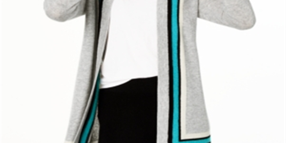 Charter Club Women's  Cashmere Border Duster Cardigan  Ice Grey Heather Combo Silver Size S
