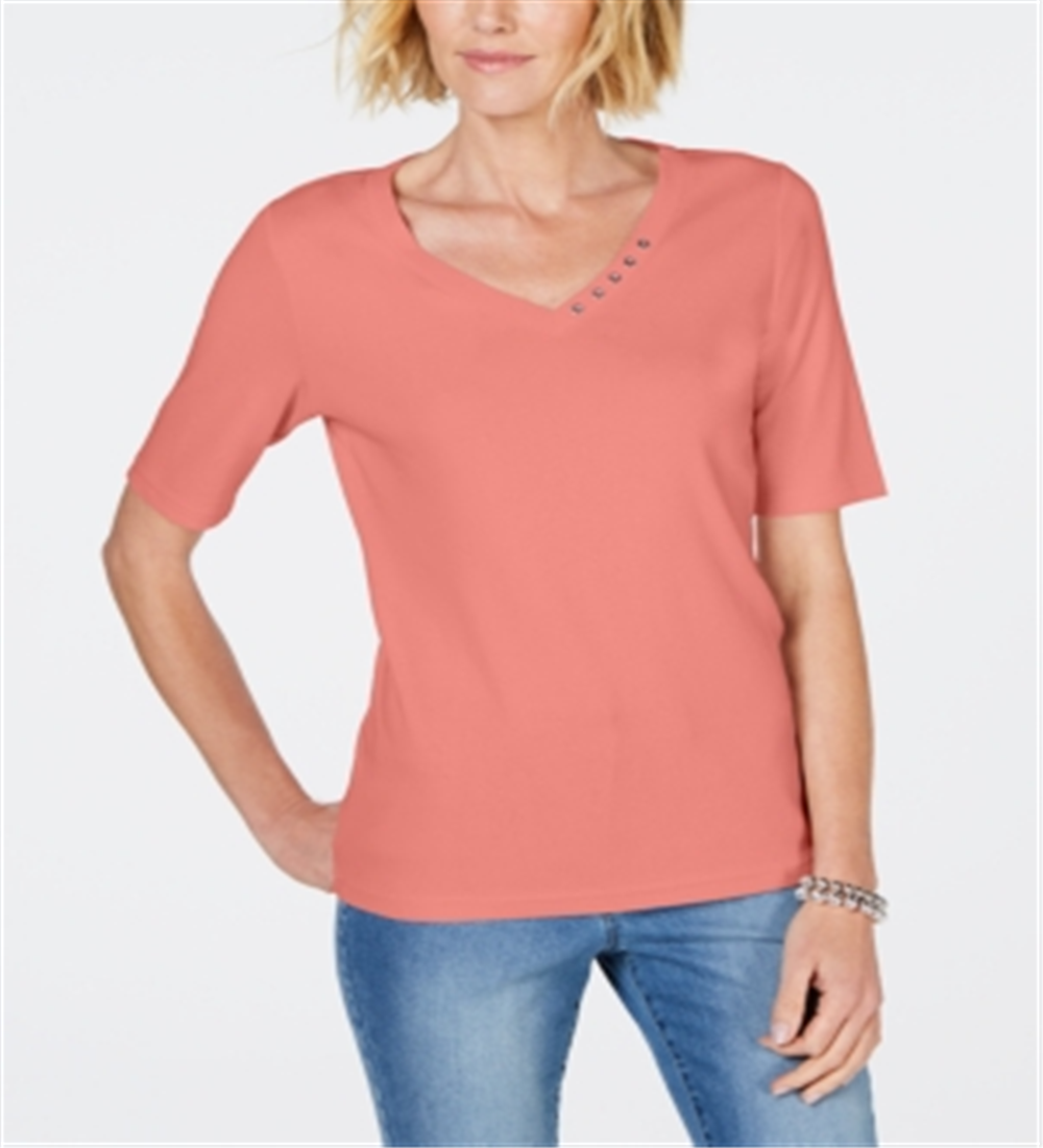 Karen Scott Women's Cotton V Neck T-Shirt Orange Size Large