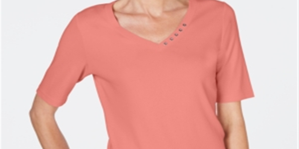 Karen Scott Women's Cotton V Neck T-Shirt Orange Size Large