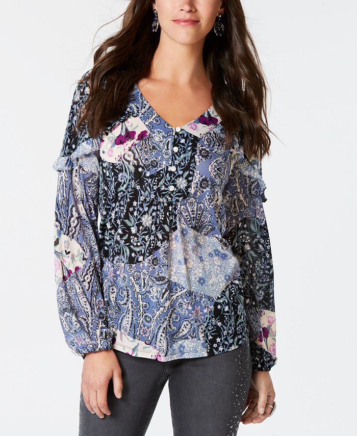 Style & Co Women's Printed Prairie Top Blue Size L