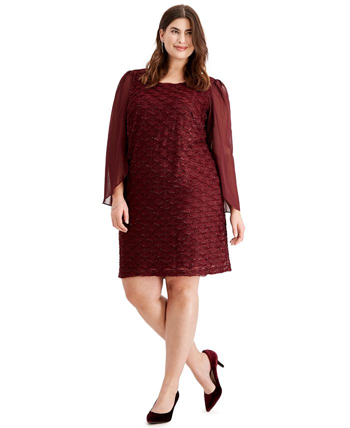 Connected Women's Glitter Long Sleeve Jewel Neck Knee Length Evening Sheath Dress Red Size 14W