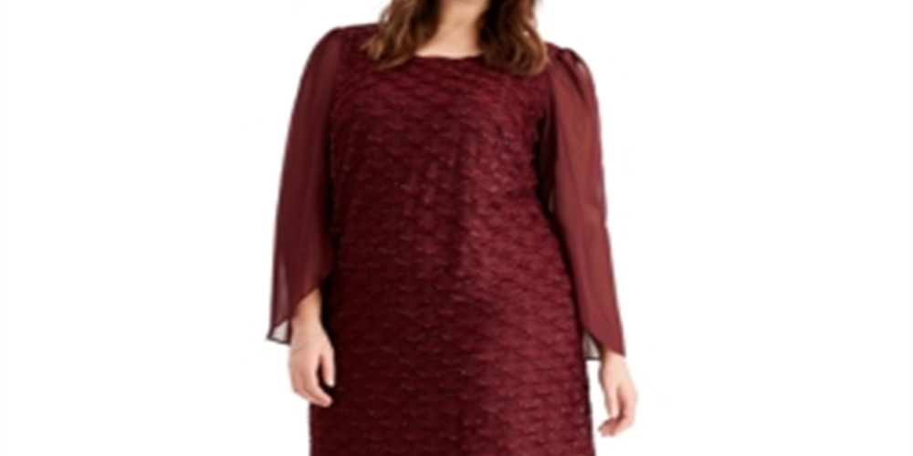 Connected Women's Glitter Long Sleeve Jewel Neck Knee Length Evening Sheath Dress Red Size 14W