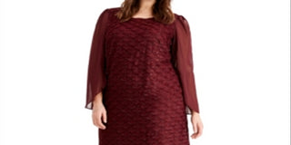 Connected Women's Glitter Long Sleeve Jewel Neck Knee Length Evening Sheath Dress Red Size 14W