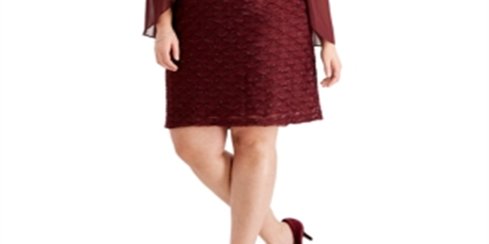 Connected Women's Glitter Long Sleeve Jewel Neck Knee Length Evening Sheath Dress Red Size 14W