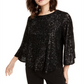 Alfani Women's Sequined Bell Sleeve Top Black Size Petite S/M