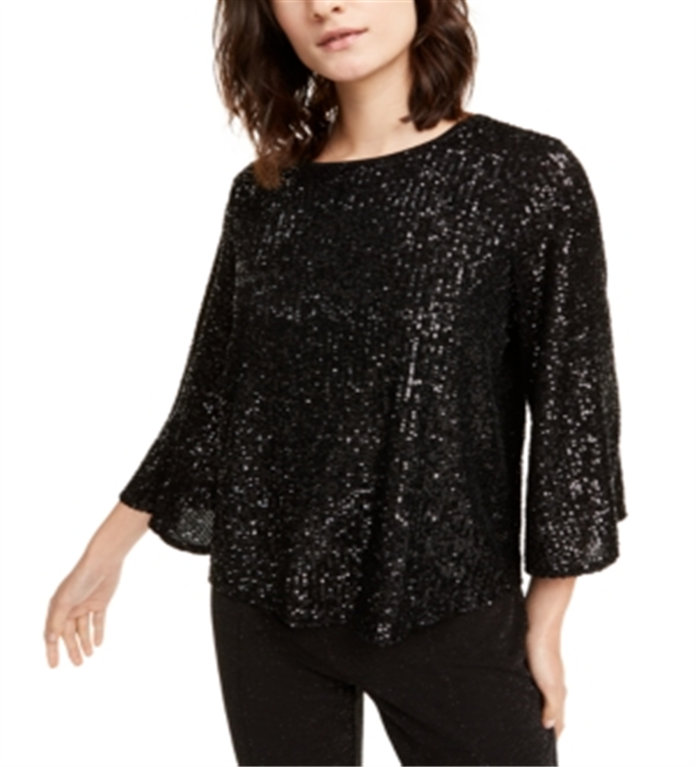 Alfani Women's Sequined Bell Sleeve Top Black Size Petite S/M