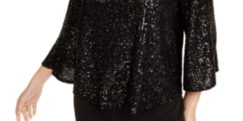 Alfani Women's Sequined Bell Sleeve Top Black Size Petite S/M