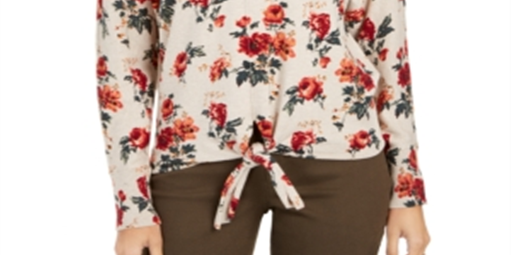 Style & Co Women's Floral Print Tie Front Sweater Brown Size X-Small