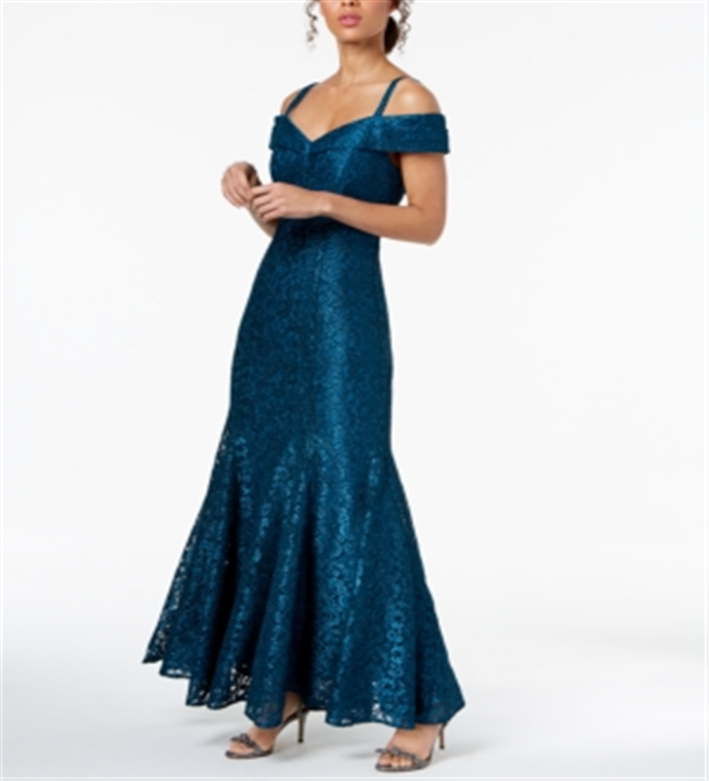 R & M Richards Women's Off the Shoulder Floral Lace Mermaid Dress Peacock Blue Size 12 Petite