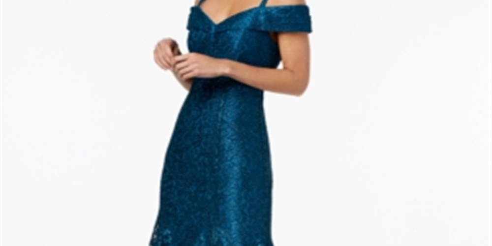 R & M Richards Women's Off the Shoulder Floral Lace Mermaid Dress Peacock Blue Size 12 Petite