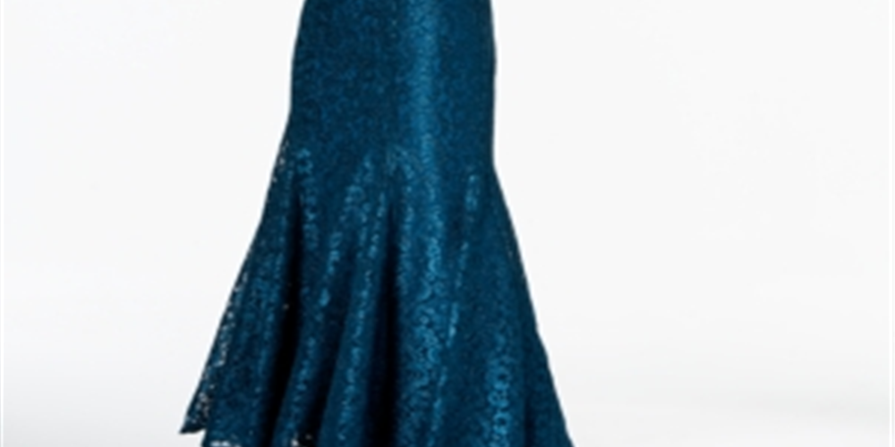 R & M Richards Women's Off the Shoulder Floral Lace Mermaid Dress Peacock Blue Size 12 Petite