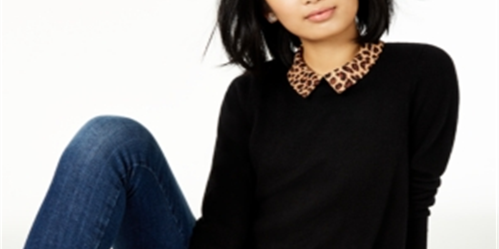 Charter Club Women's Pure Cashmere Cheetah Print Layered Look Sweater Black Size Petite S/M