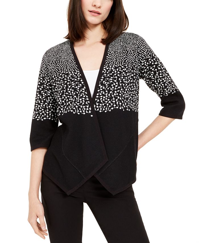 Alfani Women's Printed Asymmetric Open Front Cardigan Black Size Petite S/M