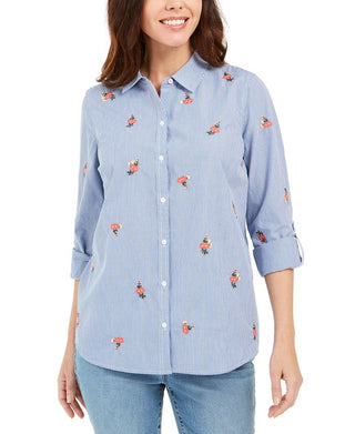 Charter Club Women's Printed Woven Shirt Blue Size XS