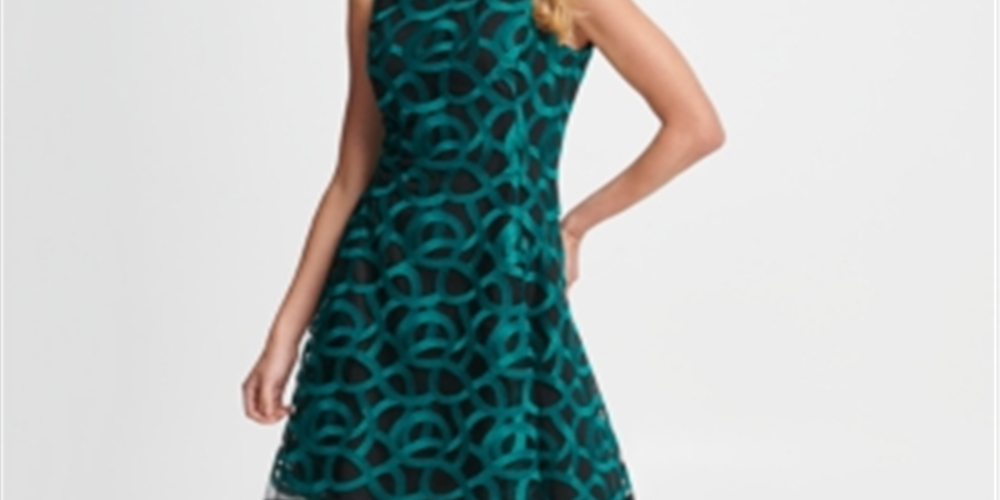 DKNY Women's Embroidered Mesh Fit Flare Dress Green Size 10