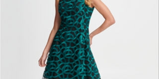 DKNY Women's Embroidered Mesh Fit Flare Dress Green Size 10