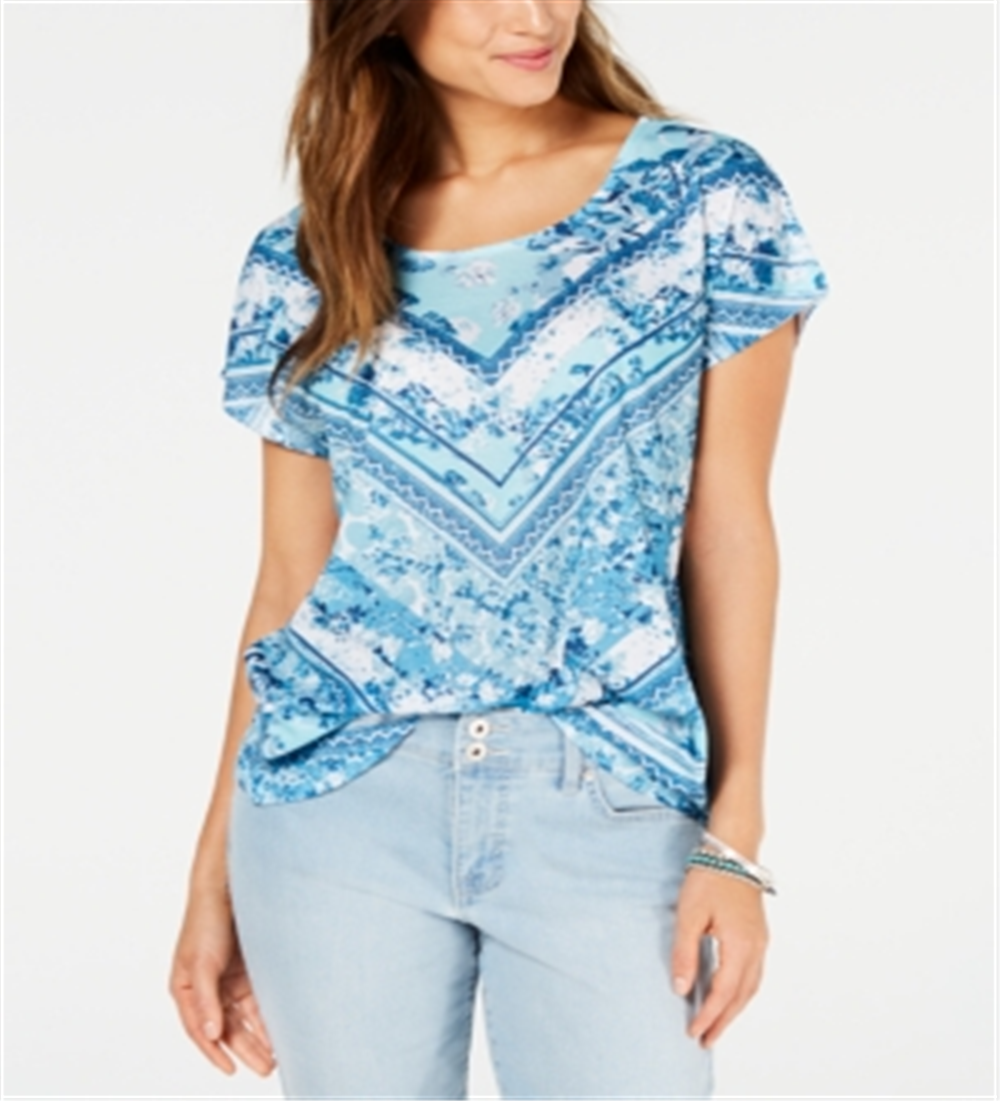 Style & Co Women's Printed Dolman Sleeve T-Shirt Blue Size Petite L