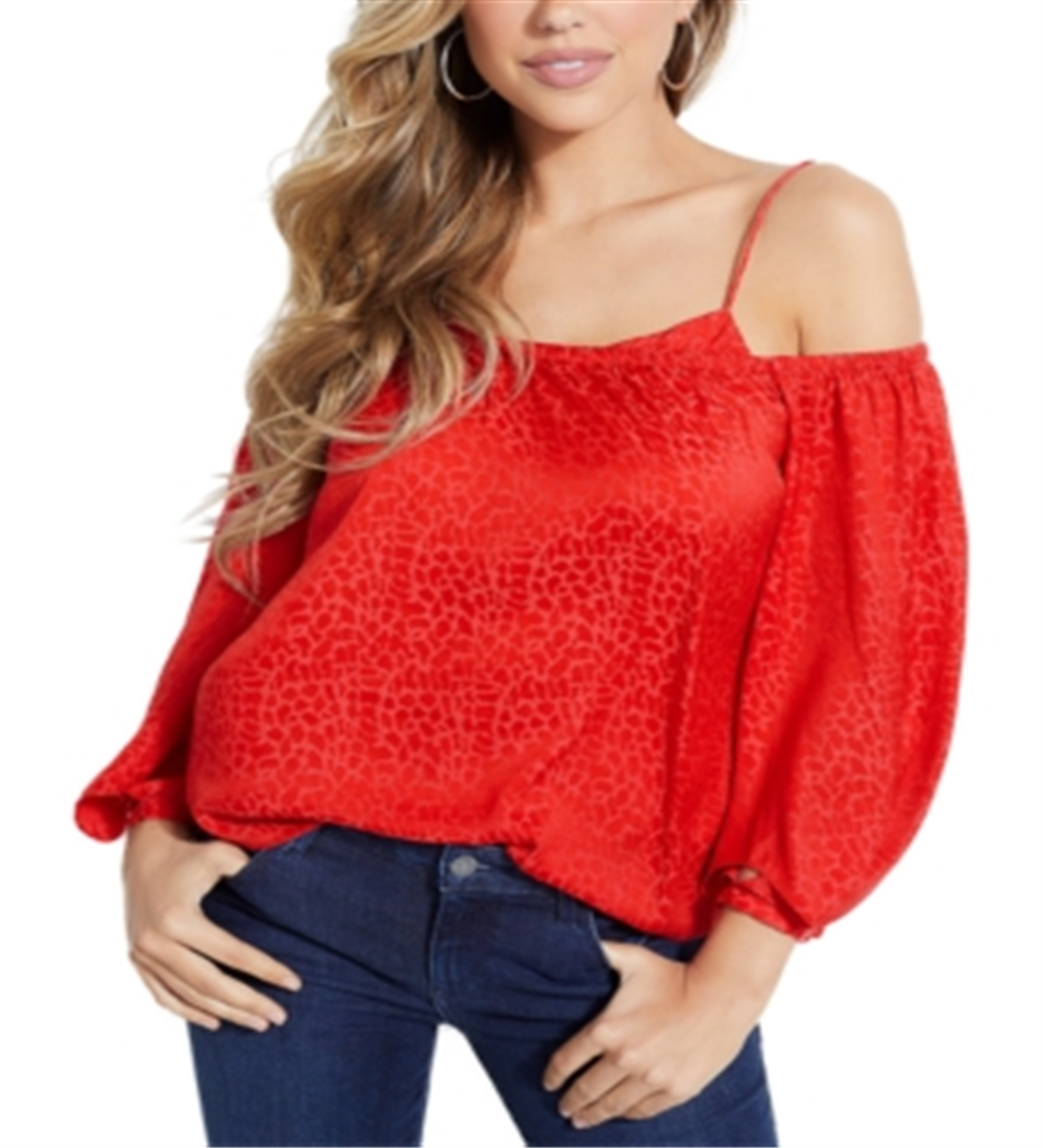 Guess Women's Off the Shoulder Tonal Printed Top Red Size Small