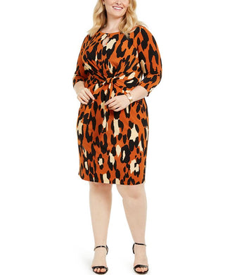 MSK Womens Gathered Animal Print 3/4 Sleeve Jewel Neck Knee Length Sheath Party Dress Orange Size 2X