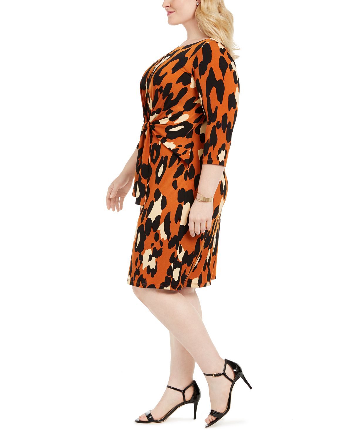 MSK Womens Gathered Animal Print 3/4 Sleeve Jewel Neck Knee Length Sheath Party Dress Orange Size 2X