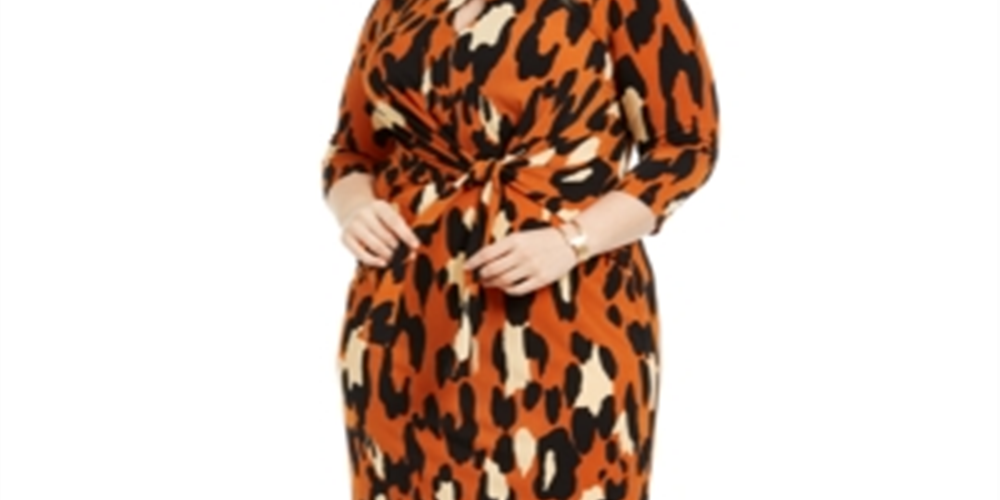 MSK Womens Gathered Animal Print 3/4 Sleeve Jewel Neck Knee Length Sheath Party Dress Orange Size 2X