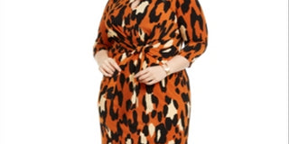MSK Womens Gathered Animal Print 3/4 Sleeve Jewel Neck Knee Length Sheath Party Dress Orange Size 2X