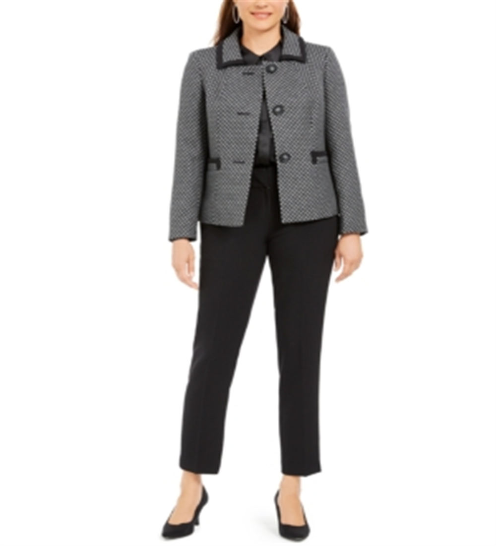 Le Suit Women's Slim-Leg Contrast-Trim Pants Suit Gray Size 14