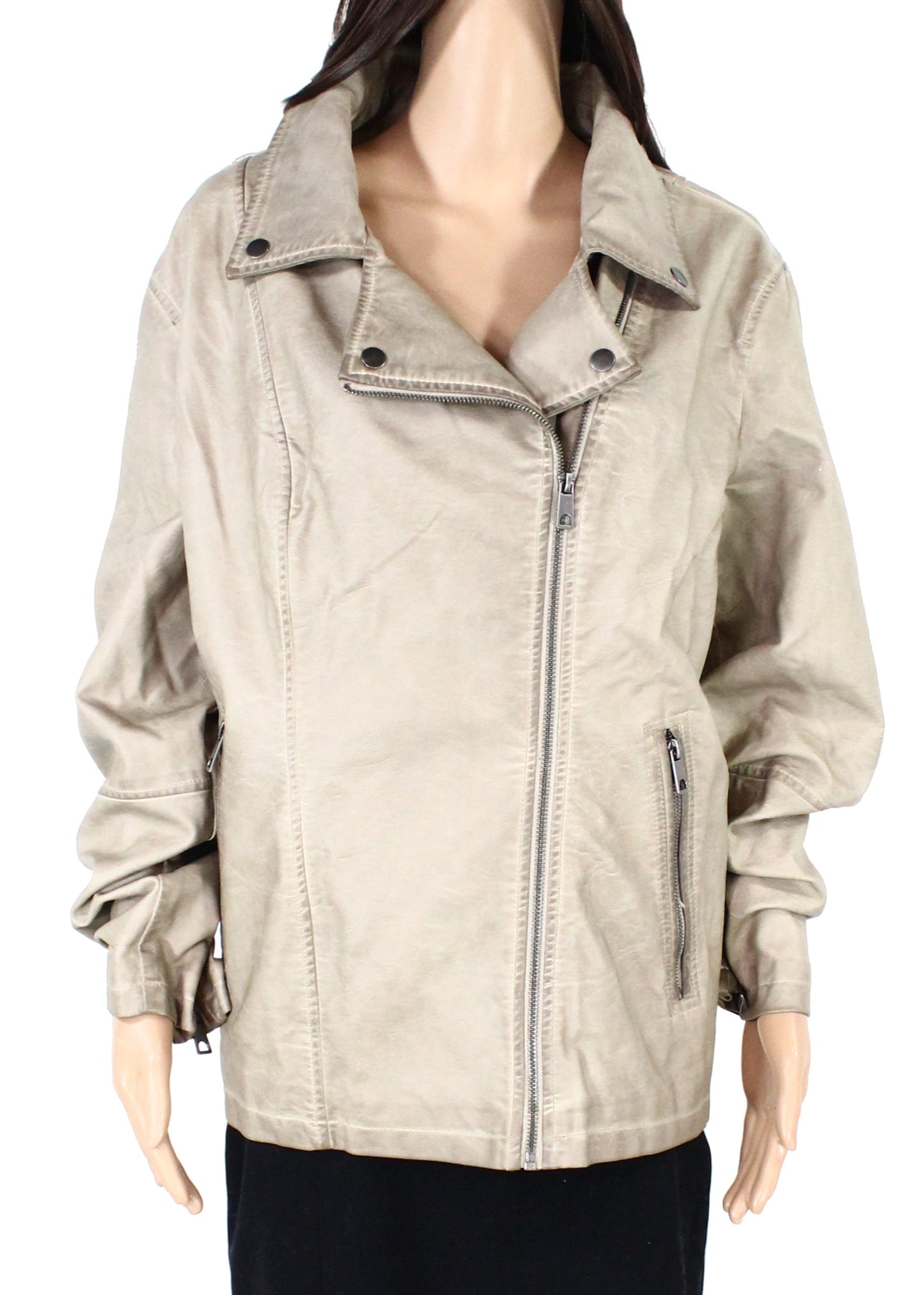 Style & CO Women's Moto Jacket Taupe Plus Faux-Leather Taupe Size 3X