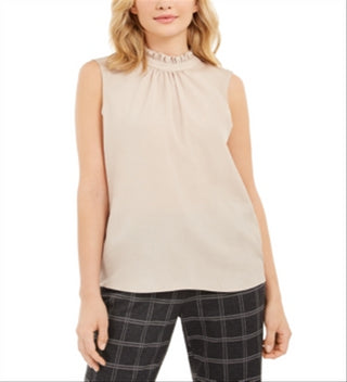 Calvin Klein Women's Sleeveless Ruffle Neck Top Beige Size M