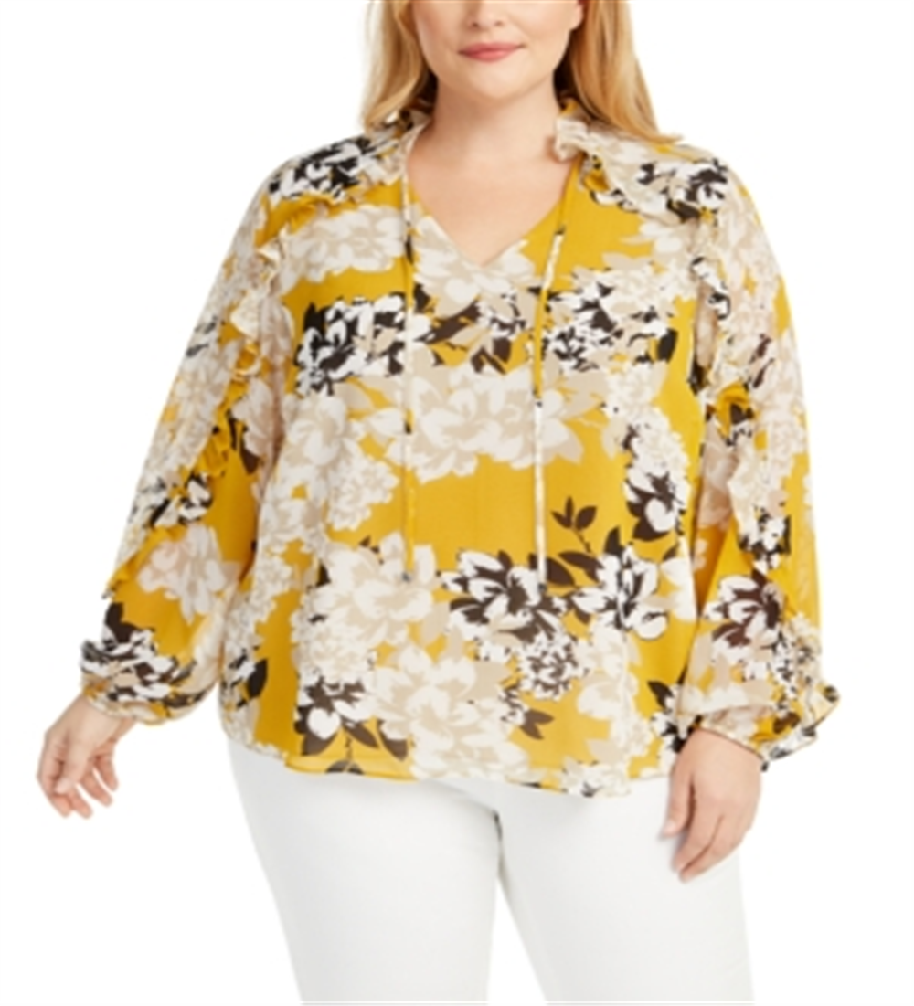 Calvin Klein Women's Plus Floral Print Ruffle Top Yellow Size 1X