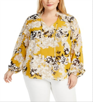 Calvin Klein Women's Plus Floral Print Ruffle Top Yellow Size 1X