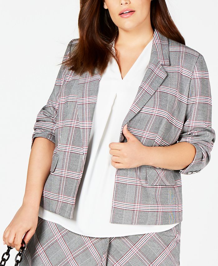 Bar III Women's Trendy Open Front Plaid Jacket Gray Size 18W