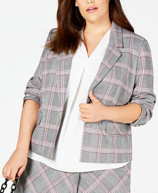 Bar III Women's Trendy Open Front Plaid Jacket Gray Size 18W