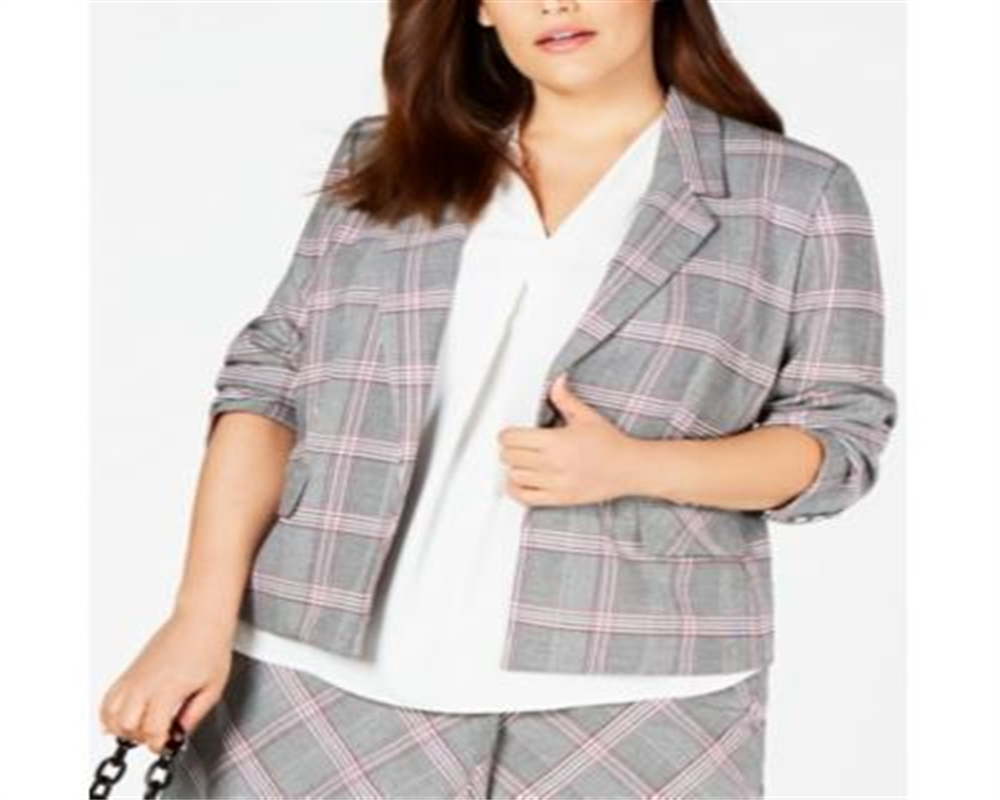 Bar III Women's Trendy Open Front Plaid Jacket Gray Size 18W