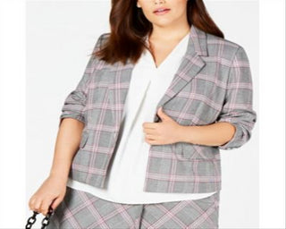 Bar III Women's Trendy Open Front Plaid Jacket Gray Size 18W