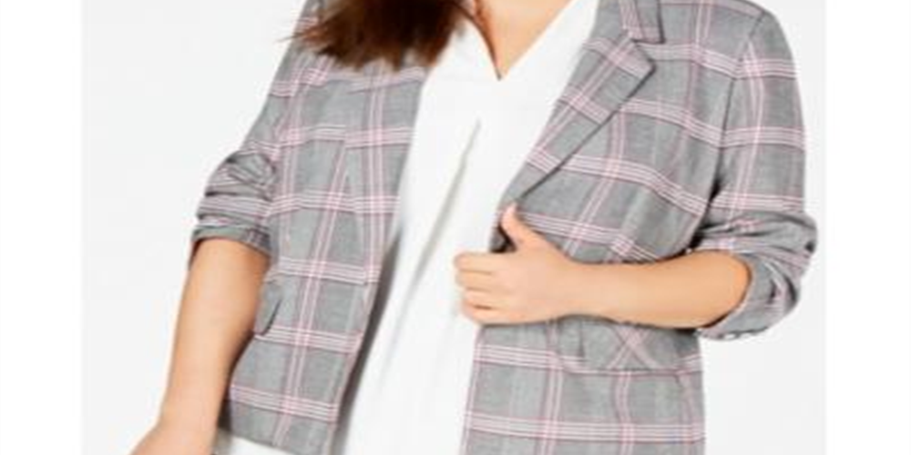 Bar III Women's Trendy Open Front Plaid Jacket Gray Size 18W