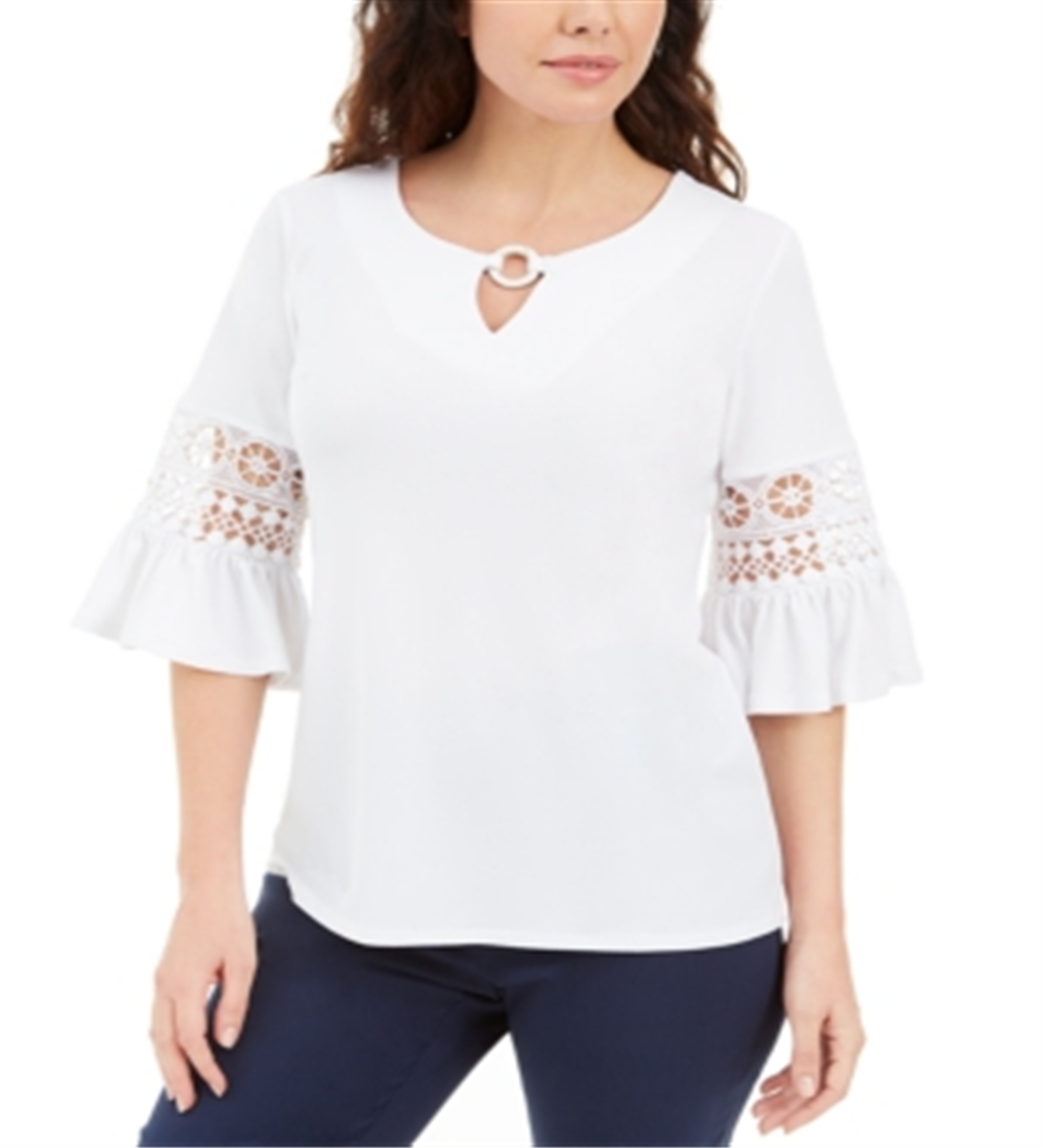 JM Collection Women's  Lace-Inset Embellished Top  White Size XS
