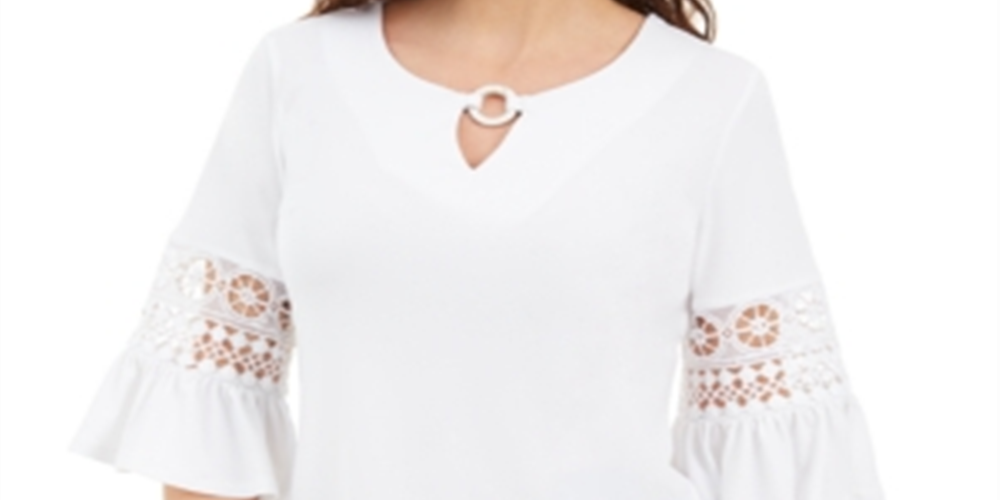 JM Collection Women's  Lace-Inset Embellished Top  White Size XS