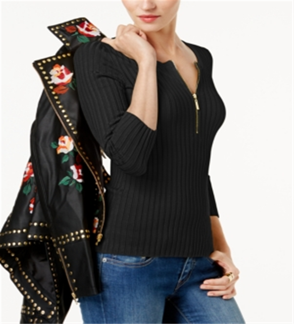 INC International Concepts Women's Zip Front Sweater Black Size L