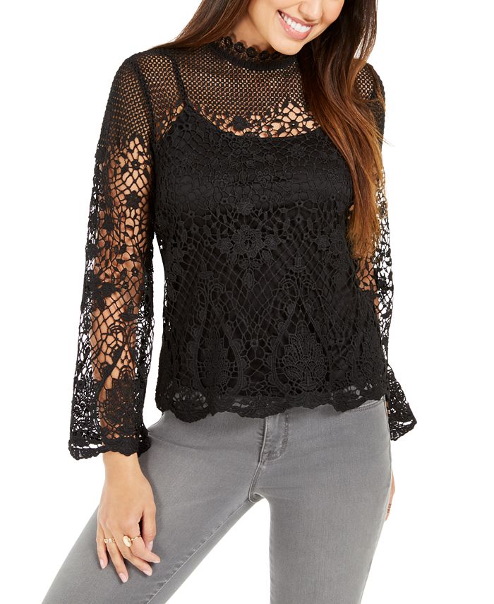 Style & Co Lace Bell-Sleeve Top Black Size Large
