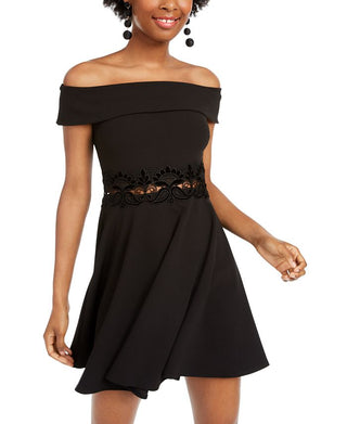 Juniors B. Smart Off Shoulder Dress with Velvet Lace Trim Black Size 0