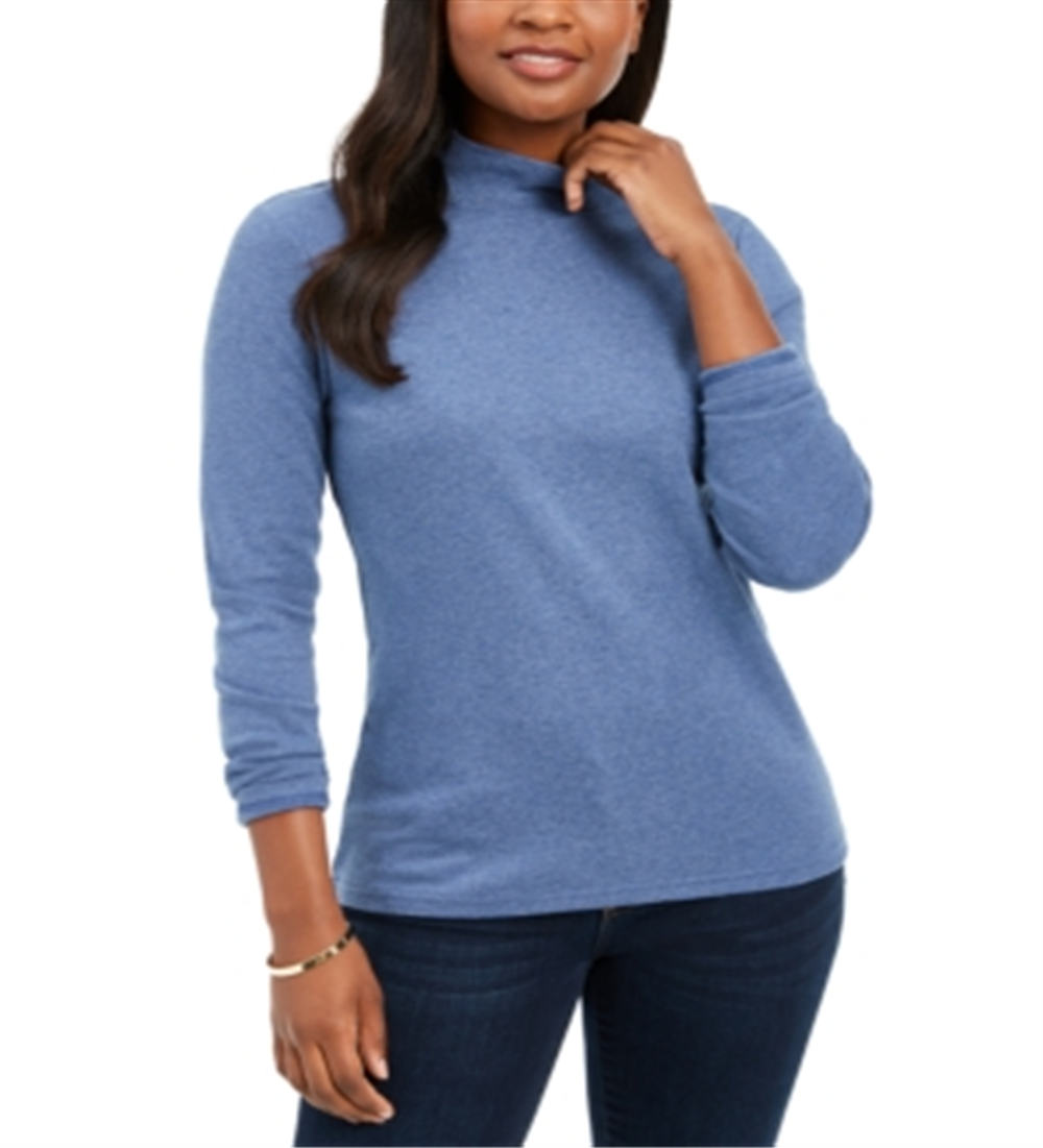 Karen Scott Women's Long Sleeve Mock Neck Cotton Top Blue Size Petite XL