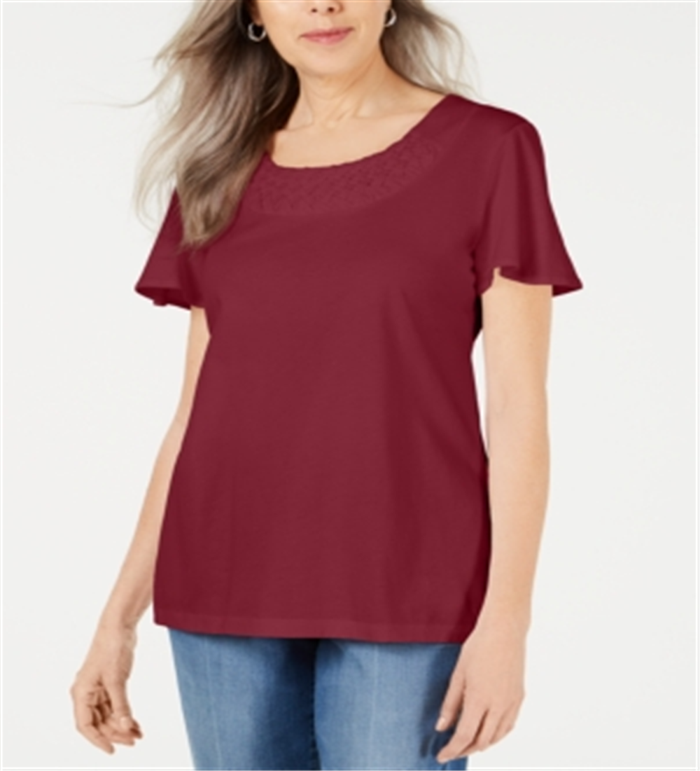 Karen Scott Basketweave-Trim Flutter-Sleeve Top  Red Size M
