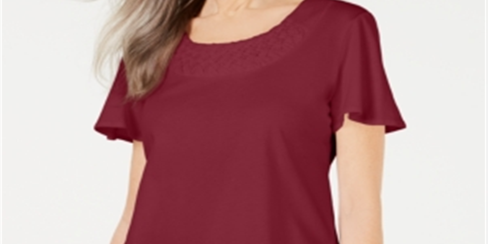 Karen Scott Basketweave-Trim Flutter-Sleeve Top  Red Size M