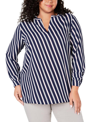 Anne Klein Women's Striped Long Sleeve V Neck Blouse Top Blue Size 1X