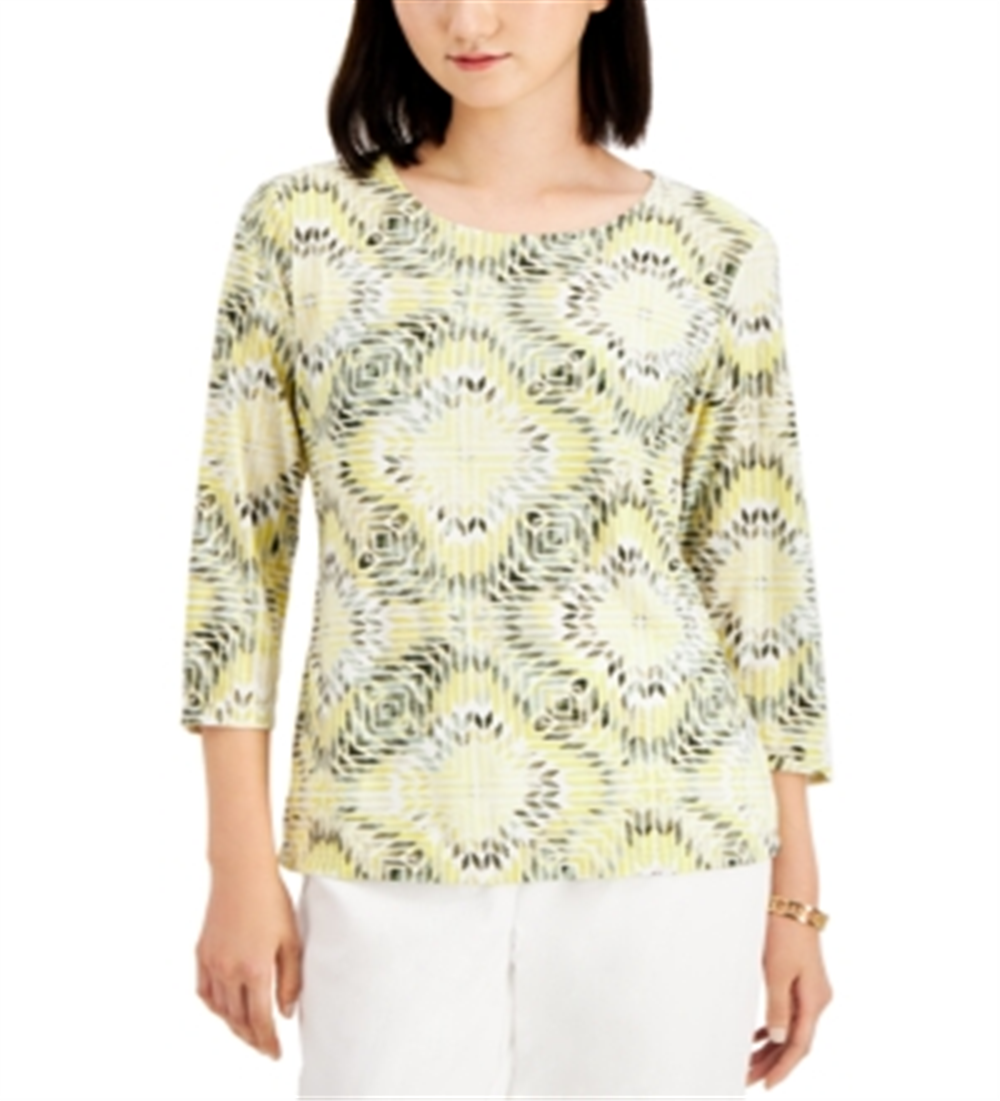 JM Collection Women's Printed Jacquard Top Yellow Size X-Large