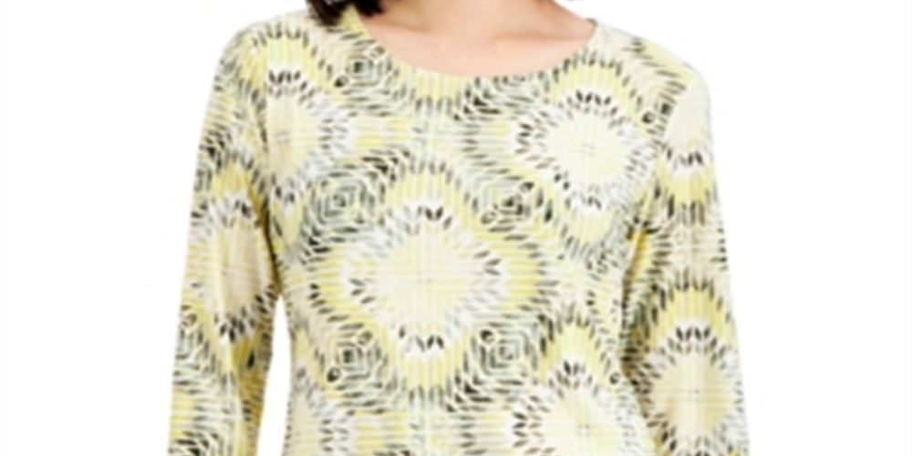 JM Collection Women's Printed Jacquard Top Yellow Size X-Large