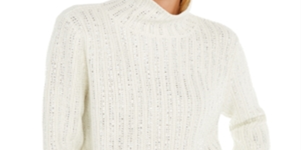 INC International Concepts Women's Embellished Turtleneck Sweater White Size S